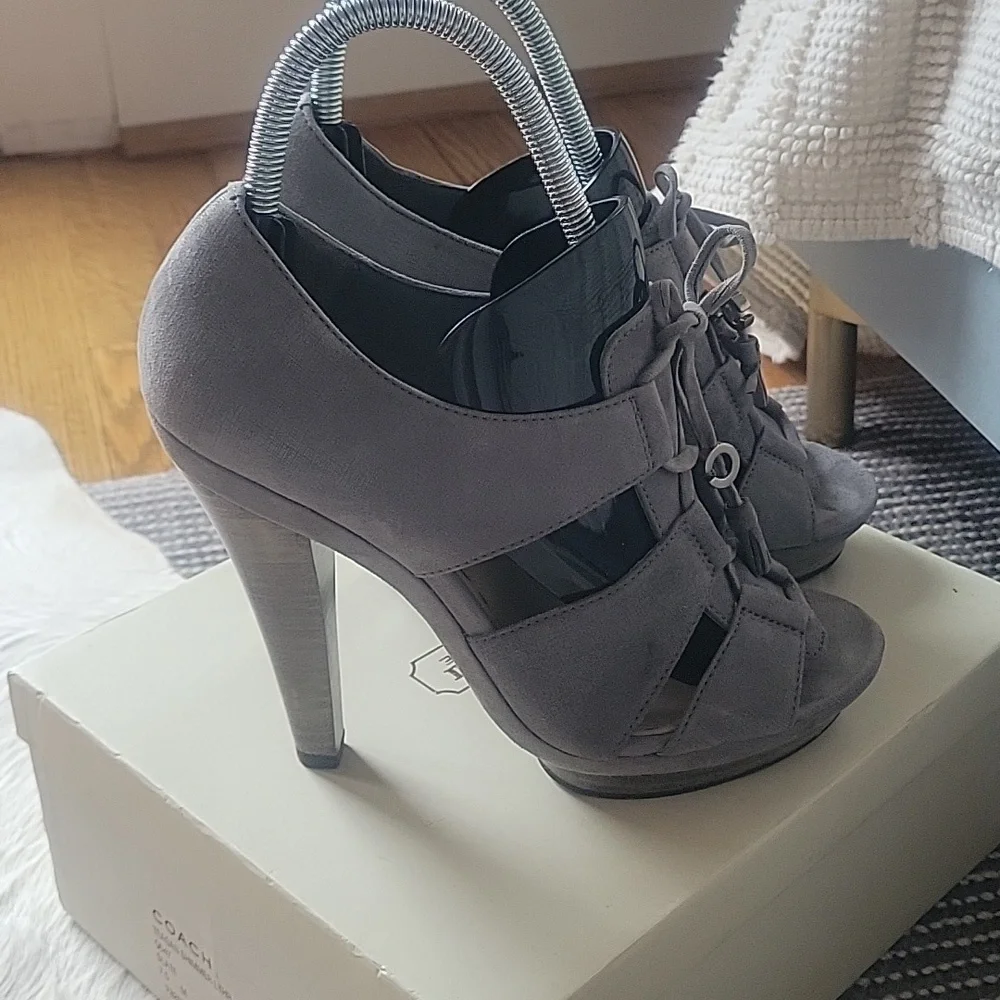 Coach Teagan Gray Shimmer Leather Heeled Sandals - Picture 3 of 7
